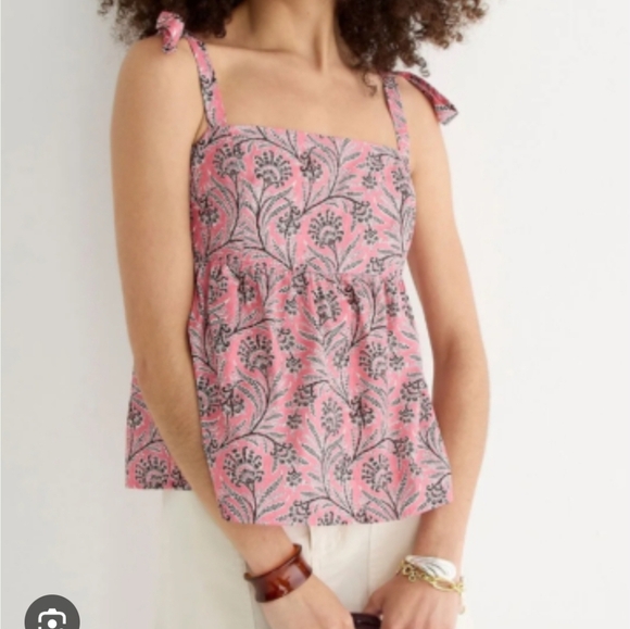 NWT J. Crew Cotton Tie-Shoulder Tank Top Ratti Coral Vines Size 16 Smocked Back - Picture 1 of 14